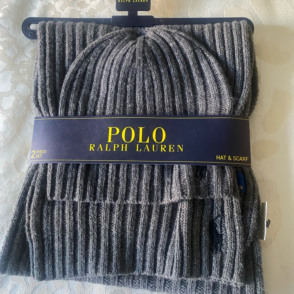 Polo Ralph Lauren Men's Lambswool Blend Hat, Scarf Set, Charcoal Grey, 2-Piece - Picture 4 of 6